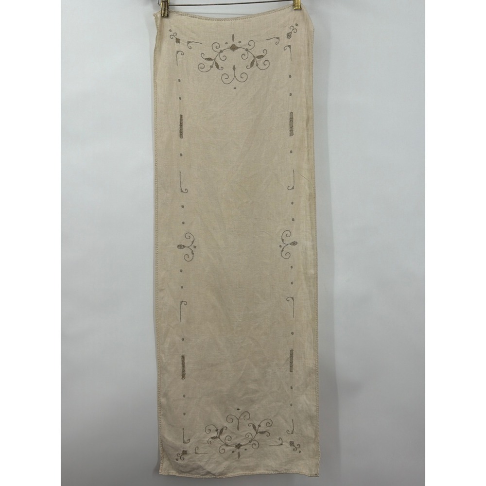 Vintage Hand Embroidered Linen Table Runner Beige Cutwork Floral Scroll 43x15.5